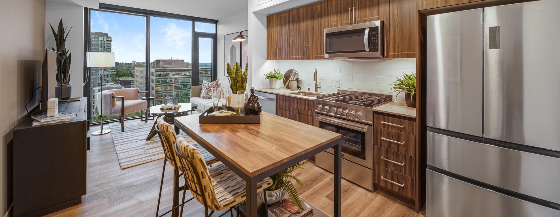 a kitchen with a dining table