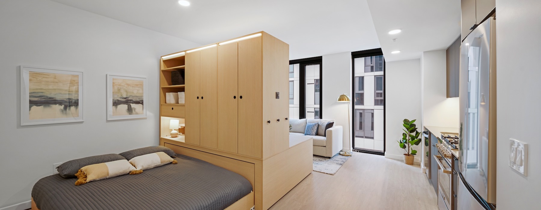 a bedroom and a living room